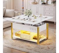 YITAHOME Table Basse à LED RGB Contrôle par APP avec Plateau Relevable, Table Basse Multifonctionnelle 4 en 1 pour Salon, Bureau avec Etagère de Rangement Compartiment Caché, Marbre Blanc