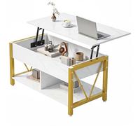 YITAHOME Table Basse avec Plateau Relevable à 2 Niveaux, Table Basse Réglable en Hauteur avec Compartiment de Rangement Caché et Surface de Rangement pour Salon, Bureau, Marbre Blanc