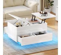 YITAHOME Table Basse Relevable avec Plateau Relevable, Table de Salon à LED, Haute Brillance Moderne, avec Rangement Compartiment Caché et 4 Tiroirs, Blanc, 80 x 55 x 46 cm