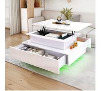 YITAHOME Table basse relevable, Table de Salon, rectangulaire, avec LED 16 Couleurs 2 Tiroirs, Télécommande, L.85cm, Blanc