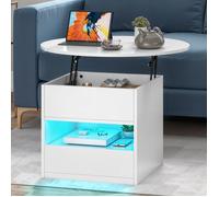 YITAHOME Table Basse Ronde à Plateau Relevable avec Compartiment de Rangement Caché, Table avec LED, Table Basse Moderne Blanche