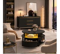 YITAHOME Table Basse Ronde Moderne LED 70cm, 2 Niveaux et 2 Tiroirs, Design Canné, Table d'Accent Salon, Noir