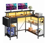 YITAHOME Table de Jeu avec Prises et lumières LED en Forme de L avec Support pour écran, Bureau d'angle avec tiroirs et étagères, Bureau d'ordinateur pour Bureau à Domicile, 120 x 50 x 92 cm, Noir