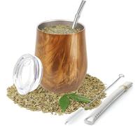 Yitobici Tasse à thé mate à double paroi en acier inoxydable résistant à la chaleur avec couvercle sans BPA, deux pailles et une brosse de nettoyage (couleur grain de bois)