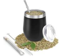Yitobici Tasse à thé mate à double paroi en acier inoxydable résistant à la chaleur avec couvercle sans BPA, deux pailles et brosse de nettoyage (noir)