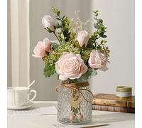 YJ Fleurs artificielles avec Vase, Bouquet de Roses artificielles en Soie, décoration de Table de Ferme, de Table de Salon, de Table Basse (Rose)