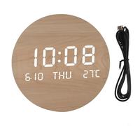 YJDOORPLAY Horloge murale numérique avec grand écran LED, horloge ronde silencieuse en bois avec affichage de la date et de la température pour le salon, la chambre à coucher, rechargeable par USB