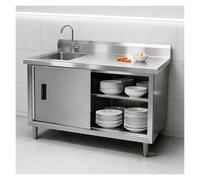 YJEUZCD Évier Utilitaire INOX avec Meuble 304 Acier Inoxydable Buanderie | Évier Profond Avec Meuble Rangement, Robinet Pivotant, Pieds Réglables Et Design Pratique(Silver-L,100x60x80cm)