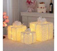 YKMYXZ Coffret Cadeau de Noël LED (lot 3) avec télécommande et 8 Modes d'éclairage, Blanc, 15-25 cm(White Brocade Gift Box,Warm Colors)