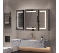 YLSZHY Armoire de salle de bain avec miroir LED 100 x 60 cm, 3 portes, montage mural, 3 couleurs à intensité variable, anti-buée, étagère réglable, interrupteur tactile, miroir de courtoisie pour