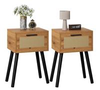 YMYNY Lot de 2 Tables de Chevet, Décorés Main en Rotin, Chêne HST010K-2 | Table D'appoint avec Rangement, Pieds en Bois, Tiroir Magnétique, 35x27x53 cm, pour Chambre à Coucher, Salon