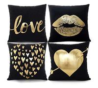 Ynester Flanelle Doré Taie d'oreiller décoratifs Doré Amour lèvres Couvre-lit Taies d'oreiller Housses de coussin Oreiller Housse de coussin pour lit Canapé Cadeau, Black Flannel Bronzing, 45 x 45 cm