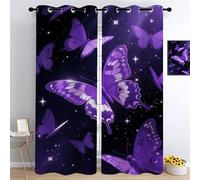YNIOFU Papillon Violet Salon Rideau Occultant, Papillon Salon Rideau Occultant, Ciel étoilé Rideau Thermique Isolant, Univers Noir Opaque Tenture L117 x H138cm 2 Panneaux