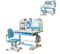 Yoakaiax Ensemble bureau et chaise pour enfants, hauteur réglable avec correcteur d'assise, chaise ergonomique avec support pour livre, pédale de pied, bleu