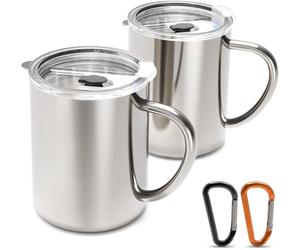 Yoassi 2pcs Mugs Isothermes Café 400ml, Gobelet Isotherme en Acier Inoxydable avec Couvercle, Tasses Thermos Étanche Portable avec 2 Mousquetons pour Camping, Randonnée, Voyage, Pique-niques, etc