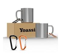 Yoassi 2pcs Mugs Isothermes en Acier Inoxydable 300ml, Facile à Emporter avec Mousquetons, Tasse Thermos Café Réutilisable pour Camping, Randonnée, Voyage, Pique-niques etc.