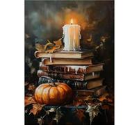 Yocheng Affiche imprimée « Livres douillets,citrouille et bougie »,style rustique automnal,sur toile,décoration murale d'Halloween pour le salon. 30x40cm sans cadre