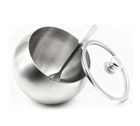 YOCZOX Petit sucrier en acier inoxydable avec couvercle à ouverture oblique en verre et cuillère à sucre pour la maison, la cuisine, l'hôtel et les cafés, 300 ml