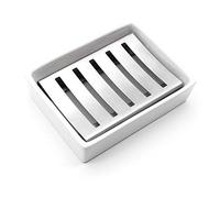 YOCZOX Porte-savon en acier inoxydable avec siège en céramique et coussinets antidérapants en silicone pour salle de bain, douche, cuisine organisée, double couche, argent + blanc