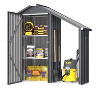 YODOLLA Abri de Jardin avec Porte-bûches,Cabane de Jardin Exterieur,Gris | Abris de Jardin en Métal,Cabane Extérieure Toit Incliné, Abri de Rangement Extérieur avec Double Porte & 3 Étagères Réglables