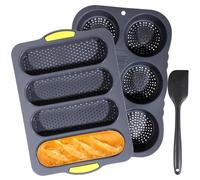 YOFAPA Lot de 3 moules à baguette en silicone et moule à hamburger, moule à pain français antiadhésif, moule à pain français à 4 vagues, moule à pain 6 tasses avec grattoir
