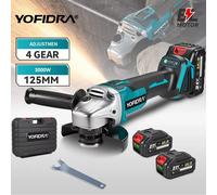 YOFIDRA 125mm meuleuse d'angle sans brosse 4 vitesses rectifieuse sans fil coupe travail du bois pour Makita 18V-21V batterie broche Ensemble de 2 batteries A