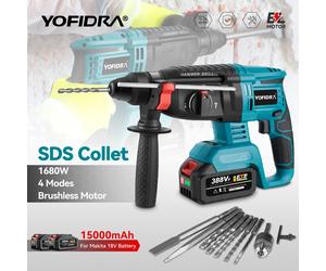 YOFIDRA 26MM perceuse à percussion électrique sans brosse multifonctionnelle rotative sans fil outils électriques rechargeables pour Makita 18V batterie broche 2Xbattery option 5