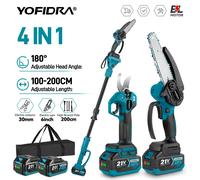 YOFIDRA 4 en 1 : Tronçonneuse Électrique sans Fil à Manche Télescopique, Ciseaux et Outil de Taille pour Arbres de Jardin, Compatible avec Batterie Makita 21V 2xBattery Set