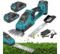 Yofidra Mini Taille-haie & Cisaille à Gazon sans Fil 2-en-1, 2 Batteries | 2 Batteries 2000mAh, 2 Lames 22cm(haies)/13cm(bordures), Tête Orientable 90°, Coupe-bordure pour Petits Jardins et Pelouses