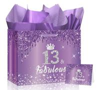 Yoirrat Sac cadeau pour 13e anniversaire pour filles avec papier de soie et carte - Grand sac cadeau violet argenté pailleté 13 et fabuleuse couronne - Fournitures de fête pour fille, nièce