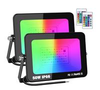 YOJZMA 2pcs 50W RGB Projecteur LED Extérieurs avec Télécommande, 16 Couleurs 4 Modes Fonction Mémoire Exterieur Interieur Projecteur, IP66 Etanche Neon Spot LED pour Jadin, Terrasse Patio, Fête