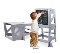 YOLEO Tour d'apprentissage 2 en 1, Pliable, Tour d'observation pour Enfants Montessori Learning Bois Naturel Kitchen Helper avec Tableau Noir et Blanc,Table et Chaise pour Enfant (Gris)