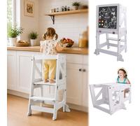 YOLEO Tour d'apprentissage, Montessori Tour d Observation Enfant avec Tableau Noir, Multifonctionnelle 3 en 1 Tour d'apprentissage, Pliable Bois Learning Tower pour Enfants âgés de 1,5 à 3 Ans(Blanc)