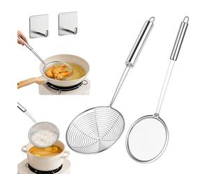 yolzhxe 2 Pcs Ecumoire Cuisine Inox, Suspension Écumoire Araignée Cuisin | avec 2 Crochets, Cuillère Passoire avec une Longue Poignée pour la Cuisson, la Friture, la Cuisson des Résidus D'huile