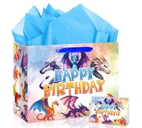 Yomaiha Sac cadeau d'anniversaire Dragon avec papier de soie et carte de vœux, 1 sac en papier cadeau d'anniversaire Dragon