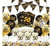 YOMOVER Lot de 58 décorations de table pour 50e anniversaire homme et femme | noir et doré, 50ème Kit de décoration d'anniversaire avec bannière, 20 ballons, 6 photophores, 30 serviettes