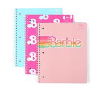 Yoobi Barbie X College Lot de 3 carnets à spirales lignés - 1 bloc-notes rose, bleu et pêche - 150 feuilles perforées à 3 trous, pour l'école, le bureau et la maison - 26,7 x 20,3 cm