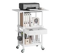 Yorbay Chariot d’Imprimante à roulettes pour Bureau: 3 Niveaux avec Tiroir | Pour Imprimante Scanner et Dossiers-Bureau Étude et Salon-Hauteur Réglable 2 Niches 2 Crochets 2 Roulettes à Frein-Blanc