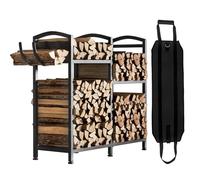 Yorbay Étagère à bois de cheminée en métal avec design en couches à l'intérieur : étagère à bois de chauffage avec crochets et sac à bois de cheminée - Noir stable - Rangement extérieur - Étagère en