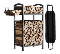 Yorbay Étagère à bois de cheminée intérieure en métal - Petite : étagère à bois de chauffage double couche avec crochets et sac à bois de cheminée - Noir - Étagère en bois robuste pour cheminée