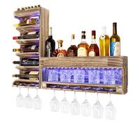Yorbay Étagère à vin avec lumière LED Palette en Bois flammé, Bar Mural avec Support en liège, pour Verres à vin, Verres à Whisky, Porte-Bouteilles, Bar Domestique, Vintage, Cadeau