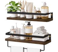 Yorbay Étagères Murales 2 Pièces: 40cm avec Porte-Serviettes Amovible | Étagère Suspendue Rustique en Bois avec Barre de Protection - Gain de Place - pour Salle de Bain Salon Cuisine - Marron