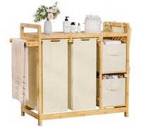 Yorbay Panier à linge 3 compartiments en bambou : 140 l - Panier à linge avec étagère, porte-serviettes et petites poches latérales - Corbeille à Linge Sale pour salle de bain, chambre et buanderie