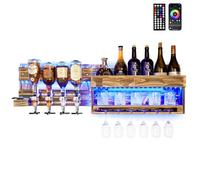 Yorbay Porte-Bouteille Mural Casier à Vin en Bois Bar Mural avec 4 Distributeurs de Boissons Porte-Verre à Pied pour Cuisine Restaurant Cave à Vin Bar-Home (avec LED)