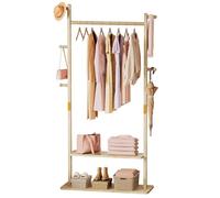 Yorbay Porte-manteau en bois Portant à Vêtements autonome: avec 2 étagères 5 crochets 1 tringle à vêtements - armoire pour vêtements chapeaux vestes sacs - pour salon Chambre Buanderie