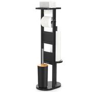 Yorbay Porte-Papier Toilette avec Brosse WC: pour 4 Rouleaux | Ensemble WC sur Pied en Bambou avec Plateau pour Mouchoirs Smartphone - Gain de Place pour Salle de Bain WC (Noir)
