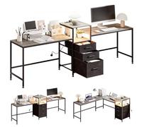 Yorbay Table de bureau double avec prises : bureau d'ordinateur en forme de L avec tiroirs en tissu, étagère d'imprimante - Table de jeu LED pour bureau, salle d'étude, salon