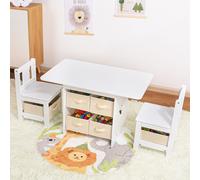 Yorbay table d'enfant avec 2 chaises, espace de rangement, ensemble de 3 pièces, table de dessin pour chambre d'enfant, blanc + beige