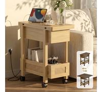 YOSHOOT Table d'appoint roulante avec station de charge - Table d'appoint étroite à rabat pour petits espaces, tables de chevet avec rangement pour salon, chambre à coucher, noyer
