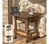 YOSHOOT Table d'appoint roulante avec station de charge - Table d'appoint étroite à rabat pour petits espaces, tables de chevet avec rangement pour salon, chambre à coucher, noyer